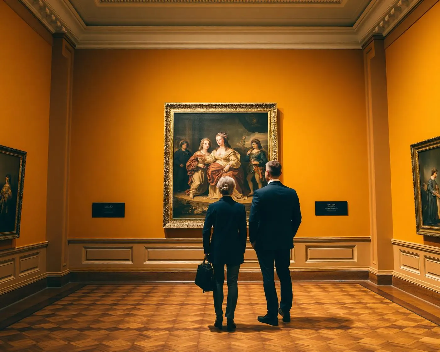 Coppia osserva un dipinto in una galleria d'arte