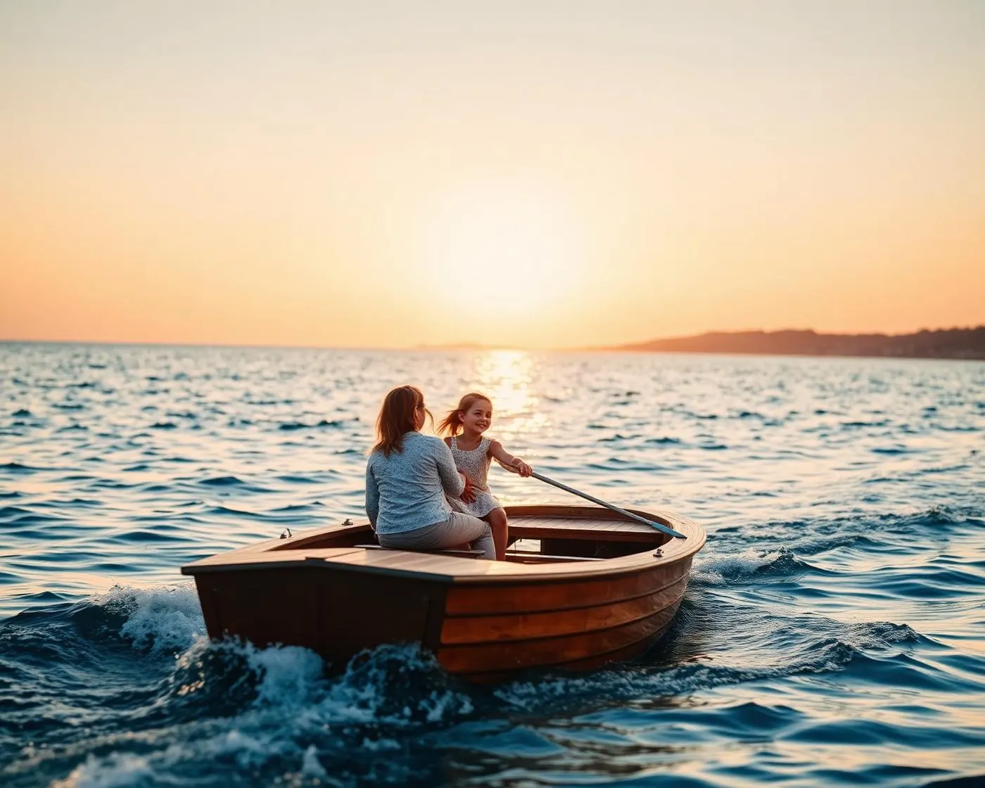 Famiglia in barca al tramonto sul mare