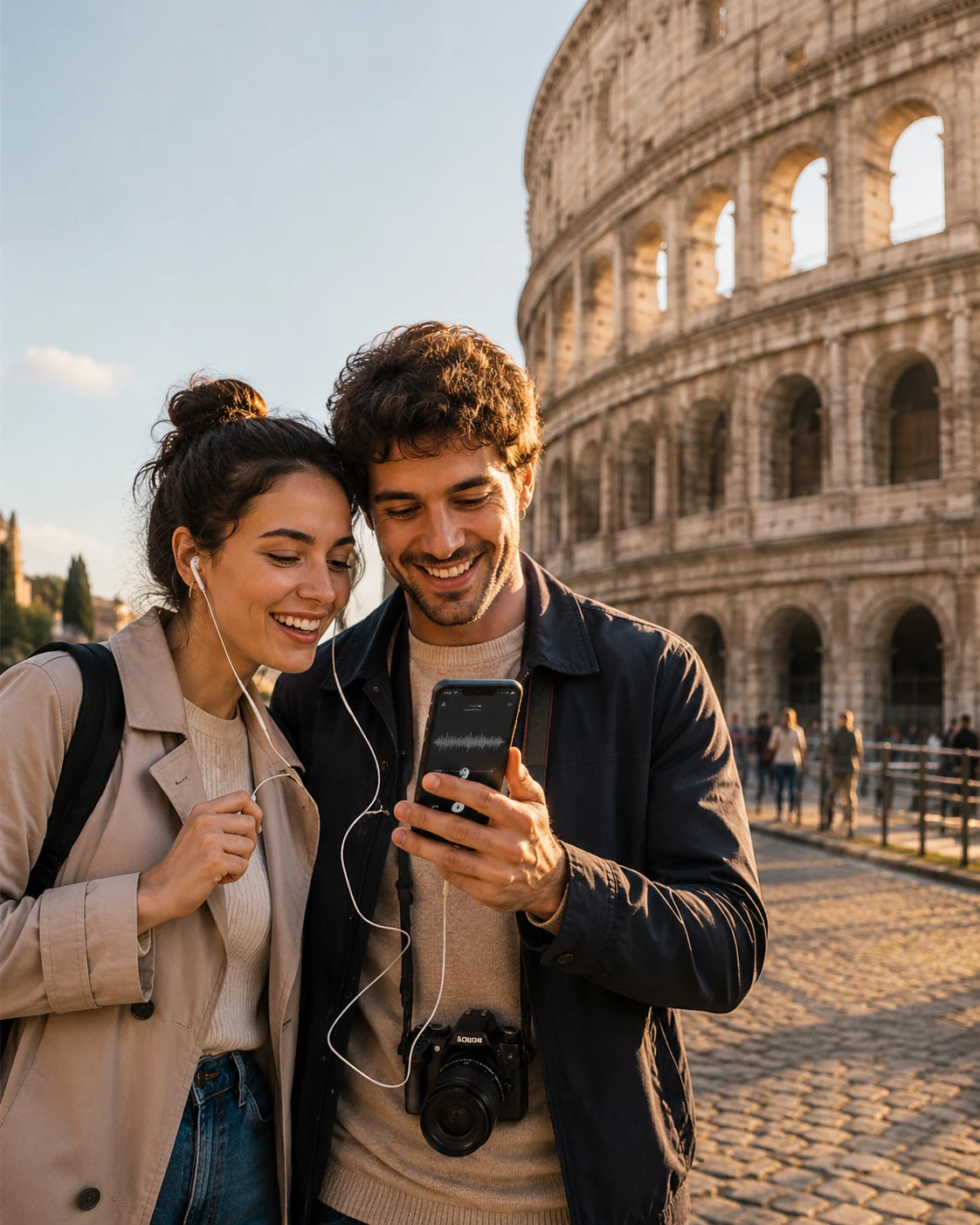 Coppia che ascolta una audio guide StayFast davanti al Colosseo